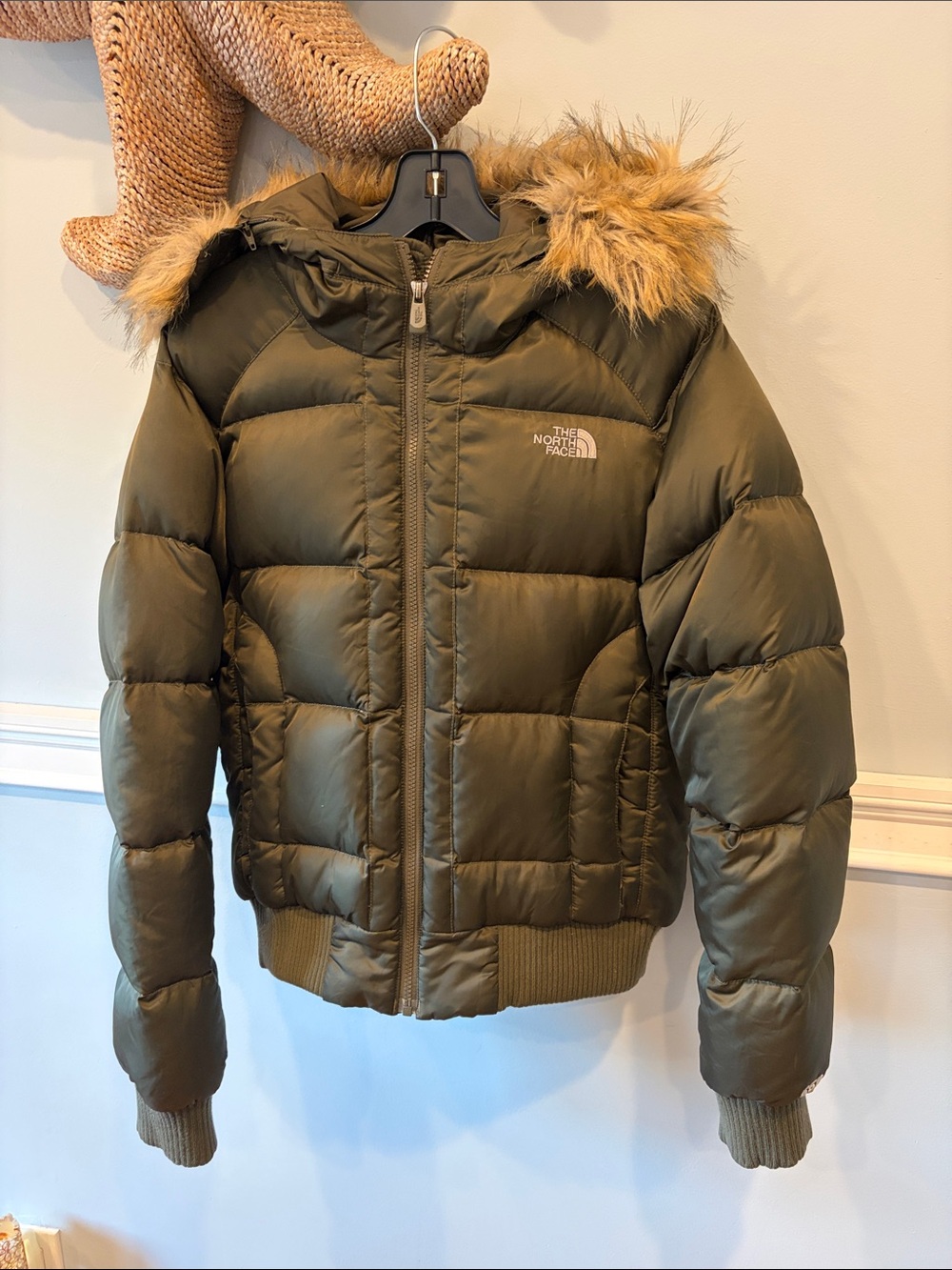 The North Face Women's Olive Puffer Jacket with Faux Fur Hood